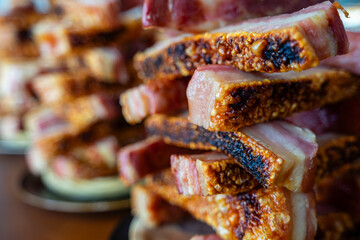 Typical Spanish torreznos, D’TAPAS, Palamós, Girona, Catalonia, Spain