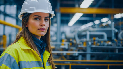 Beautiful female engineer wearing a safety helmet controls the work in a modern industrial factory.
