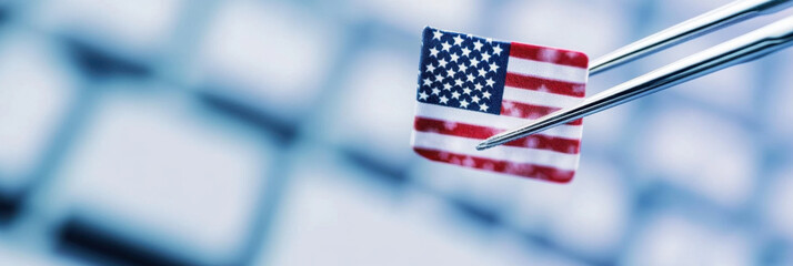Small American flag held by medical tweezers on blurred biomedical background