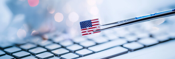 Small American flag held by medical tweezers on blurred biomedical background
