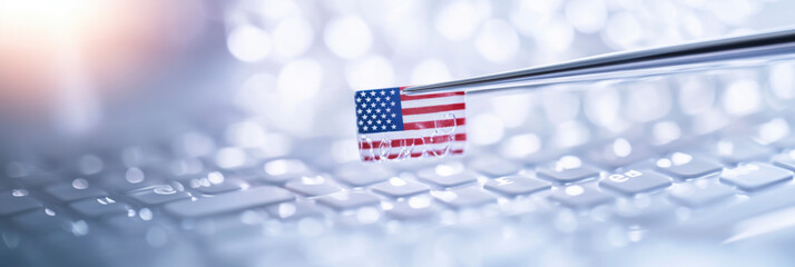 Small American flag held by medical tweezers on blurred biomedical background