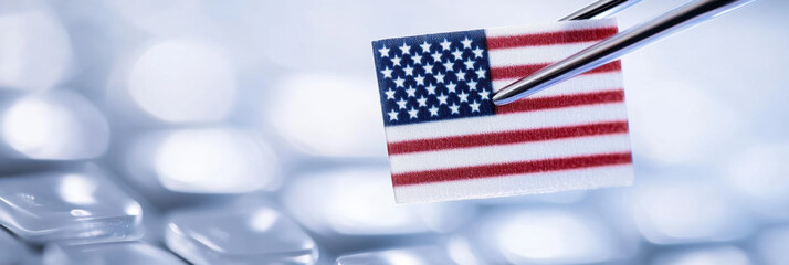 Small American flag held by medical tweezers on blurred biomedical background