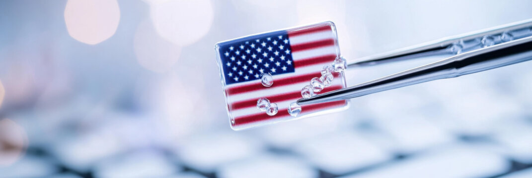 Small American flag held by medical tweezers on blurred biomedical background