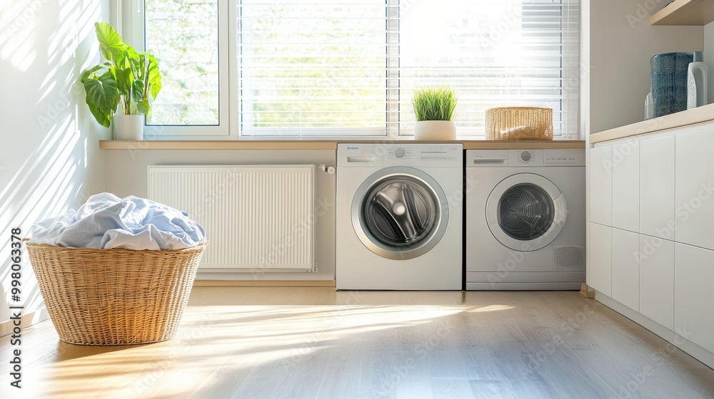 Poster this laundry room showcases built-in washing and drying machines with sleek cabinets, complemented b