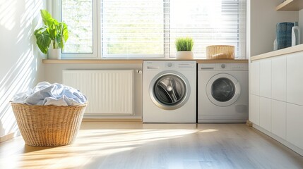 This laundry room showcases built-in washing and drying machines with sleek cabinets, complemented by a laundry basket and sunlight. Generative AI