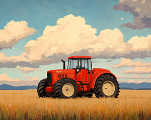 Fototapeta premium Bright red tractor in a golden wheat field under a blue sky with fluffy clouds.