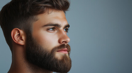 Fototapeta premium Photo of an attractive man with a beard, a close-up side-view portrait on a gray background. The man has modern, short hair and a fade haircut.Men's beauty salon concept