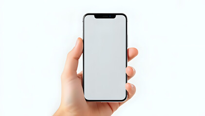 Design of a smartphone held in hand with a transparent mockup screen, no background.