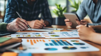 Team discussing a business plan with charts and projections, collaborative planning