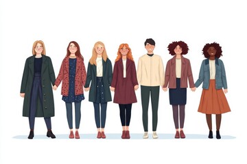 Fototapeta premium Group portrait of fashionable individuals in winter clothing symbolizing unity diversity and style in a clean minimalist design