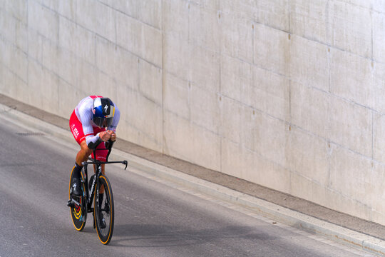 Filip Maciejuk number 33 passing at Men Elite Individual Time Trial of UCI Road Cycling World Championships 2024 at Z&uuml;rich. Photo taken September 22nd, 2024, Zurich, Switzerland.