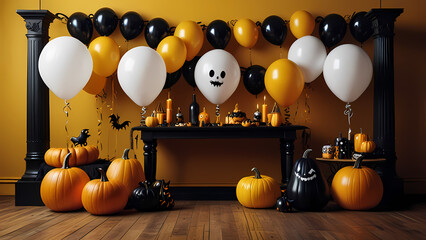 Halloween-themed background featuring spooky ghost-shaped balloons pumpkins and Halloween elements