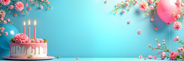 Obraz premium Festive background. Vibrant blue background adorned with pink flowers and balloons, with a birthday cake placed on a table in the center.