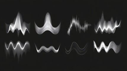 Sound waves symbols. Music waveform, audio frequency, volume, and pulse. Black and white monochrome set. 