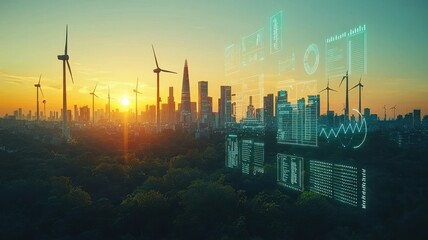 Fototapeta premium Wind turbines against a glowing sunset, overlaid with futuristic data graphics.
