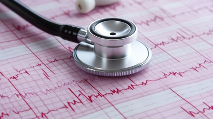 Stethoscope head on a cardiogram, representing arrhythmia and pacemaker concept.