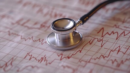 Stethoscope head on a cardiogram, representing arrhythmia and pacemaker concept.