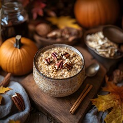 Fototapeta premium Pumpkin spice overnight oats ingredients rolled oats, pumpkin puree, almond milk, cinnamon, chopped pecans, and maple syrup.