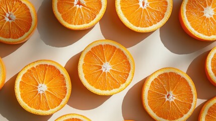 Fototapeta premium Bright Orange Citrus Segments Minimalistic Flat Lay on Neutral Background with Copy Space for Fresh, Healthy Concept.