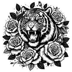 Obraz premium roaring tiger surrounded by blooming roses, tattoo. Fierce wildlife with delicate floral elements sketch engraving generative ai PNG illustration. Scratch board imitation. Black and white image.