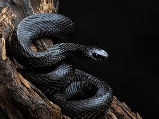 Black snake basking in dim light on a textured tree branch