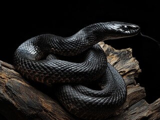 Obraz premium Black snake with intricate scale details resting on a branch