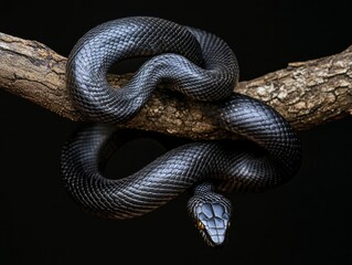 Detailed view of a black snake’s scales wrapped around a branch