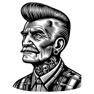 recommend clip art: Elderly punk man with a pompadour hairstyle, facial tattoos sketch engraving generative ai fictional character PNG illustration. Scratch board imitation. Black and white image.