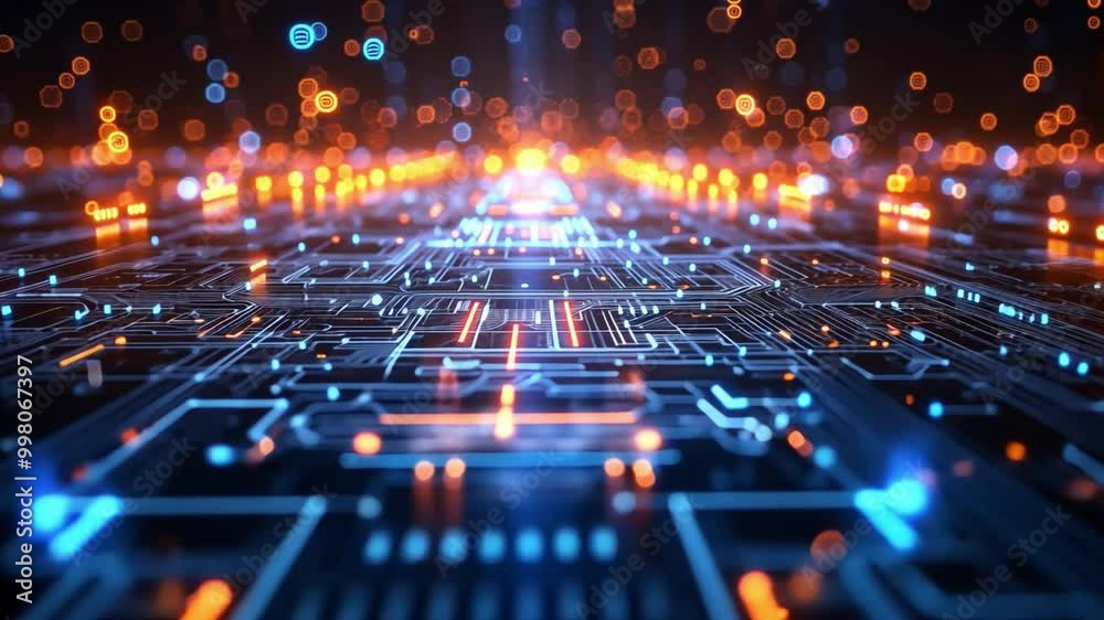 Poster Bright blue and orange lights illuminate a detailed circuit board, emphasizing an intricate network of connections representative of advanced technology.