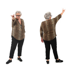 front and back view of same senior woman showing the horns sign with fingers on white background