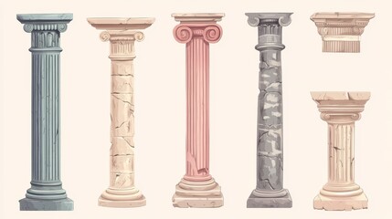Fototapeta premium Cartoonish pillars and antique architecture columns reminiscent of ancient Roman temples. A collection of illustrations depicting Roman building elements, including pillars.