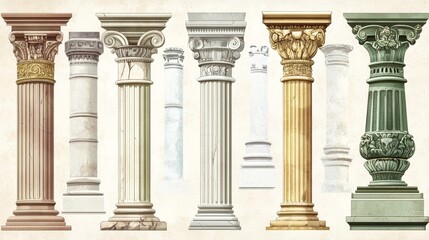 Obraz premium Cartoonish pillars and antique architecture columns reminiscent of ancient Roman temples. A collection of illustrations depicting Roman building elements, including pillars.