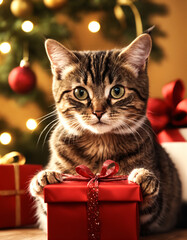Cute cat holding a red gift box adorned with a shiny red ribbon. Curious and alert cat. Christmas holiday season. Concepts of the holiday spirit and curious pets around festive decorations.