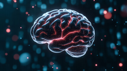 3D holographic AI brain floating in space with dynamic data streams and glowing particles around it 