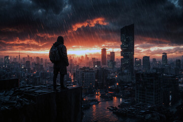 Lone figure observes dystopian cityscape at sunset, silhouetted against stormy skies and towering skyscrapers, rain falling on futuristic urban landscape