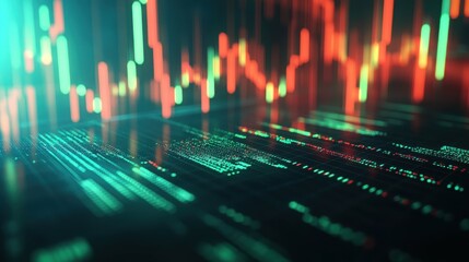 Close-up of a stock market chart displaying green and red candlestick patterns, with detailed price movements and volume bars in high definition
