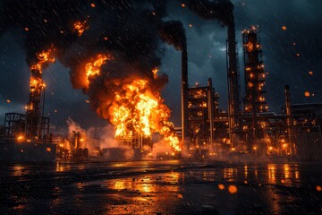 A fiery explosion at an industrial facility, surrounded by smoke and dark rain. The scene conveys a sense of chaos and danger.