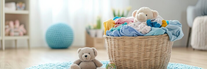 A cozy room features a laundry basket brimming with vibrant children's clothes and plush toys, illuminated by warm sunlight. Generative AI