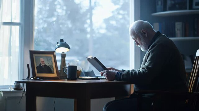 Home office, bright, relaxed atmosphere. Elderly man reads e-reader at wooden desk. Framed photo, coffee mug nearby. Bookshelves, window with natural light. Peaceful, focused mood.	