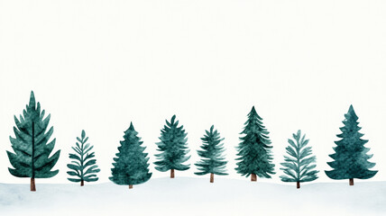 Obraz premium Abstract watercolor forest with multiple Christmas trees in soft green and blue tones snow gently falling around them 