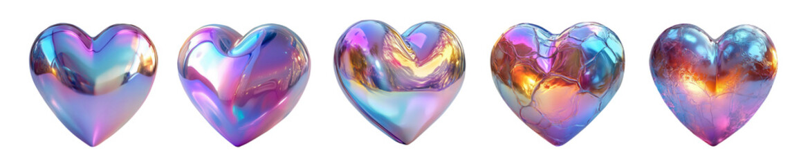 set of 3d render of chrome heart with holographic color on transparent background PNG