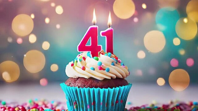 Birthday cupcake with burning lit candle with number 41. Number fortyone for fortyone years or fortyfirst anniversary.