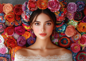 Portrait of a Beautiful Young Woman with Colorful Floral Headpiece