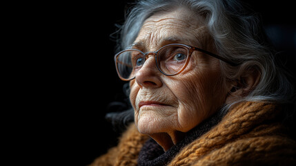 Portrait of an Elderly Woman with Glasses Reflecting in Thought