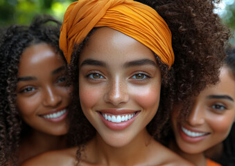 Smiling Young Woman with Curly Hair Wearing Orange Headwrap in Outdoor Setting