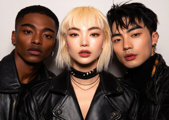 Stylish diverse group of models in leather jackets