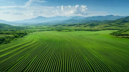 Fototapeta premium Agricultural monocultures spreading across continents from space endless rows of crops replacing diverse landscapes 