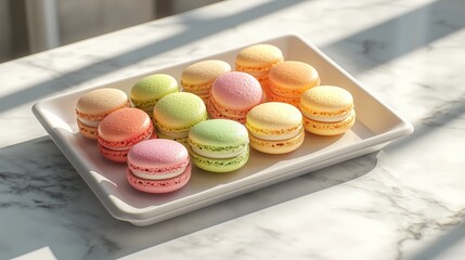 Fototapeta premium Colorful macaron assortment on a white plate arranged on a marble countertop during daylight