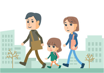 三人家族でお出かけをするイラスト
