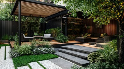 Modern Urban Oasis: Stylish Garden with Contemporary Landscaping, Seating Areas, and Lush Greenery
